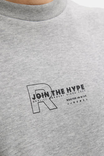 Grijze sweater van JJREBEL, met een opdruk van het logo op de borst en een ronde hals.
