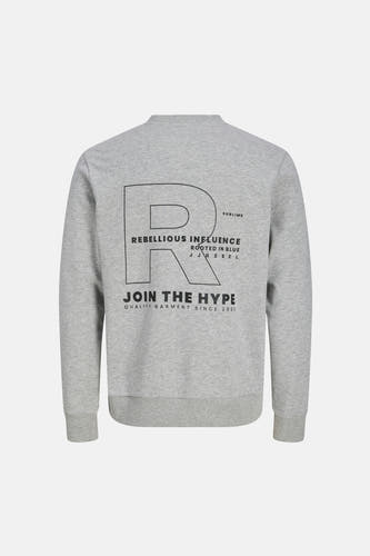 Grijze sweater van JJREBEL met een opvallende print op de achterkant.