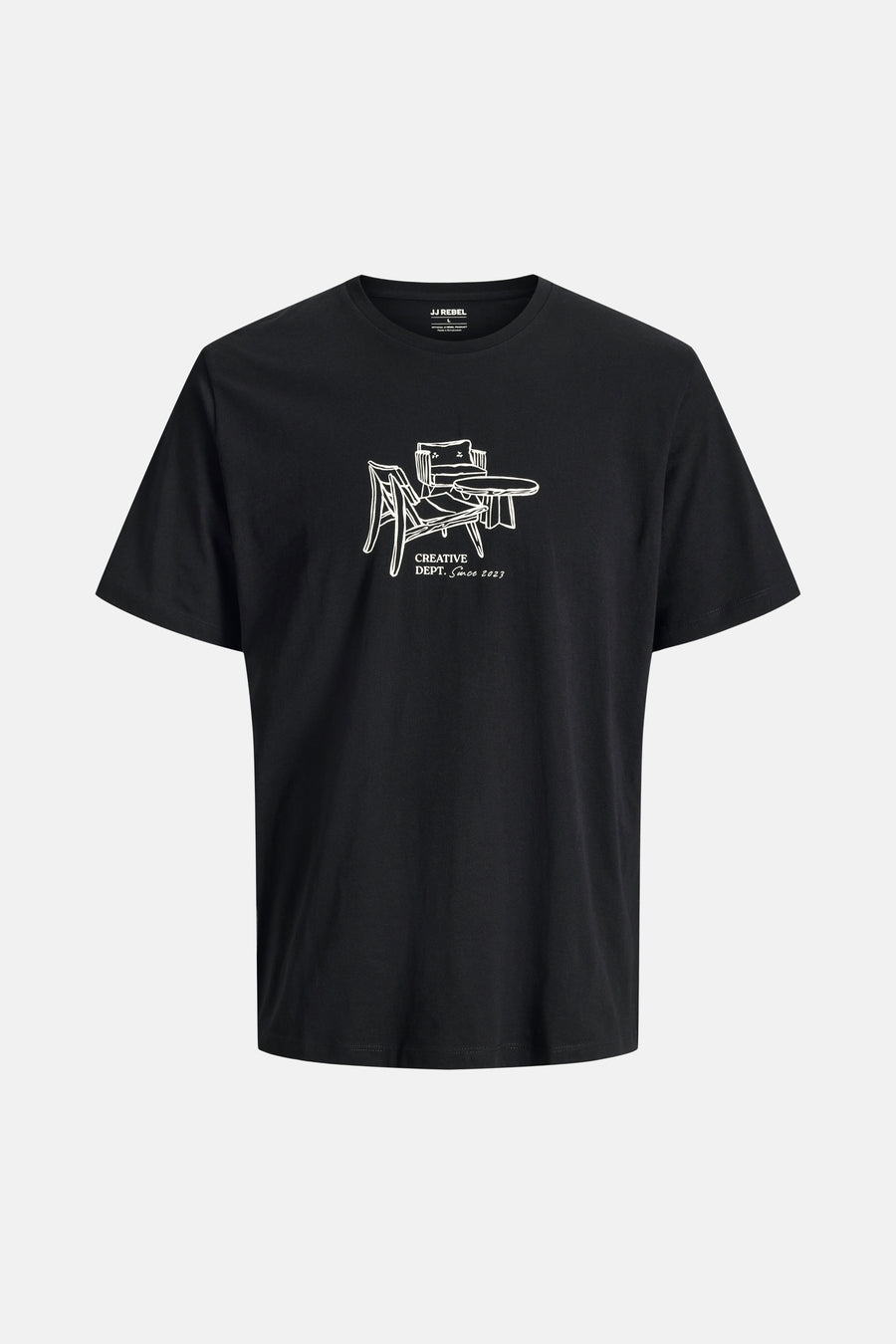 T-shirt noir à manches courtes de JJREBEL, avec un imprimé graphique d'une chaise et d'une table.