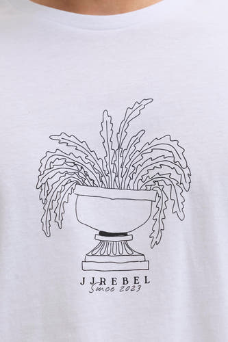 T-shirt blanc à manches courtes JJREBEL, avec une plante dessinée en pot et logo de la marque.