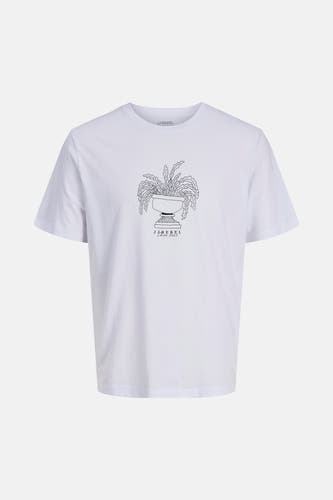 T-shirt blanc à manches courtes de JJREBEL, avec un dessin noir et blanc d'une plante en pot.