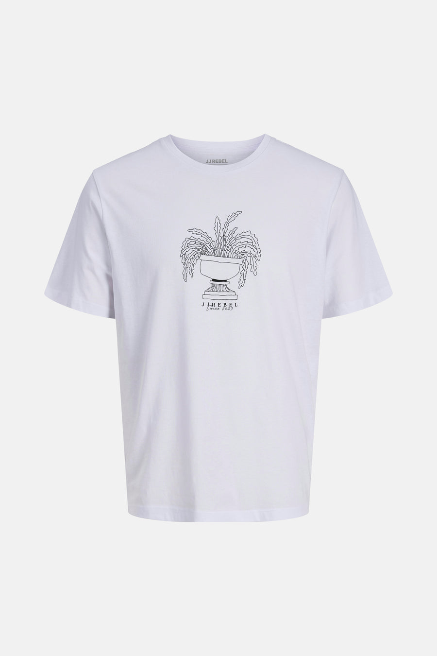T-shirt blanc à manches courtes de JJREBEL, avec un dessin noir et blanc d'une plante en pot.