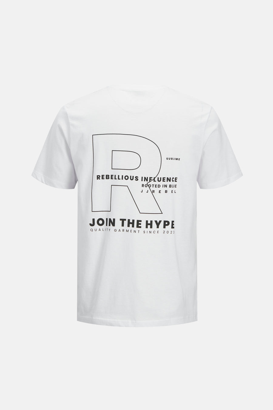 T-shirt blanc à manches courtes de JJREBEL, avec un grand imprimé noir sur le devant.