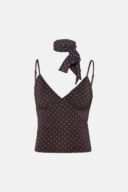 Mouwenloze bruine blouse van JJXX met spaghetti bandjes, witte stippen, V-hals en bijpassende sjaal.