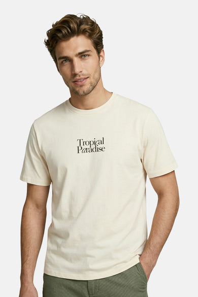 T-shirt beige JJREBEL à manches courtes avec inscription "Tropical Paradise".