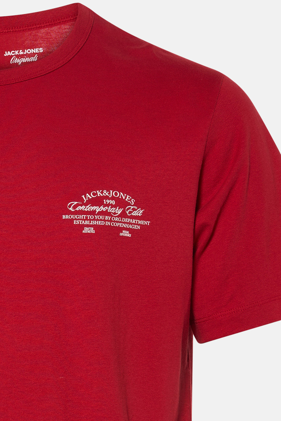 T-shirt rouge à manches courtes de ORIGINALS BY JACK & JONES, avec imprimé texte blanc sur la poitrine.