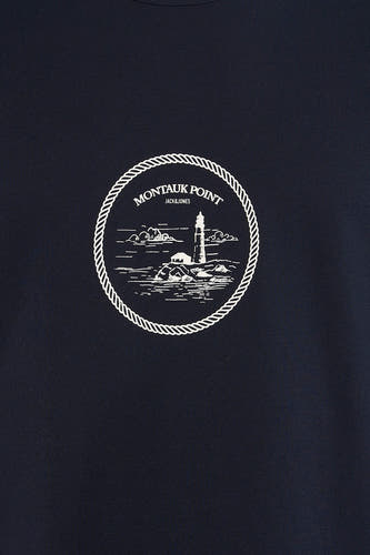 T-shirt bleu à manches courtes de ORIGINALS BY JACK & JONES, avec un col rond et un imprimé graphique d'un phare.