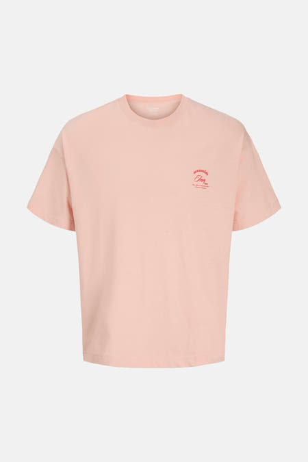 T-shirt rose de ORIGINALS BY JACK & JONES, avec un petit imprimé rouge sur la poitrine.