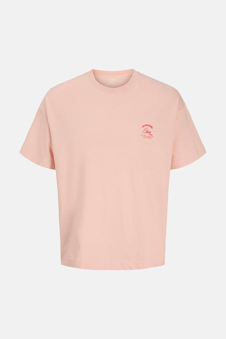 T-shirt rose de ORIGINALS BY JACK & JONES, avec un petit imprimé rouge sur la poitrine.