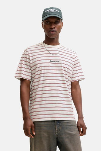 Rood gestreept T-shirt met korte mouwen van ORIGINALS BY JACK & JONES, met een logo opschrift en een zilverkleurige ketting.