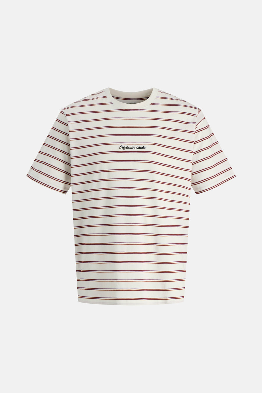 Rood gestreept T-shirt met korte mouwen van ORIGINALS by JACK & JONES, met geborduurde tekst op de borst.