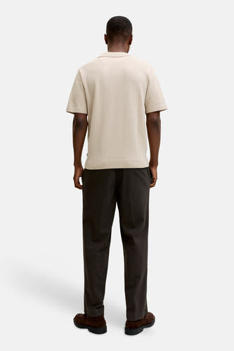 Beige polo met korte mouwen van PREMIUM by JACK & JONES, gezien van achteren, met bruine pantalon en bruine schoenen.