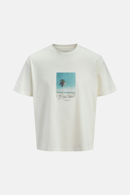 T-shirt écru à manches courtes d'Originals by Jack & Jones, avec une image d'un palmier sur l'avant.