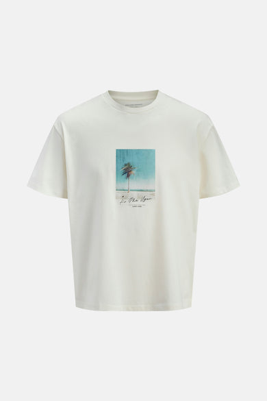 T-shirt écru à manches courtes d'Originals by Jack & Jones, avec une image d'un palmier sur l'avant.