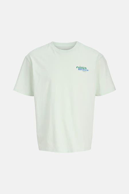 T-shirt blanc à manches courtes d'ORIGINALS BY JACK & JONES, avec une impression bleu-vert sur la poitrine.