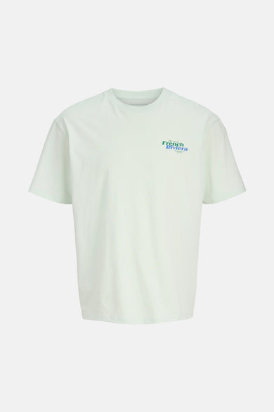 T-shirt blanc à manches courtes d'ORIGINALS BY JACK & JONES, avec une impression bleu-vert sur la poitrine.