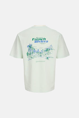 Lichtgroen T-shirt met korte mouwen van ORIGINALS BY JACK & JONES, met een blauwe en groene grafische print op de rug.