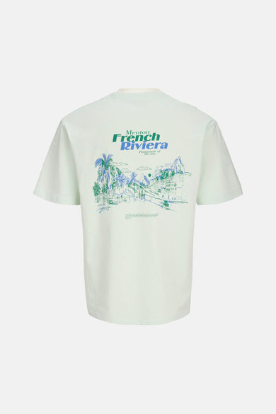 T-shirt vert clair avec manches courtes d'ORIGINALS BY JACK & JONES, avec une impression graphique bleue et verte sur le dos.