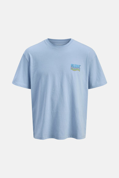 T-shirt bleu à manches courtes d'ORIGINALS BY JACK & JONES, avec une impression de surf californienne sur le dos.