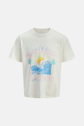 Geel T-shirt met korte mouwen van ORIGINALS by JACK & JONES, met een retro print van een zonsondergang en golven.