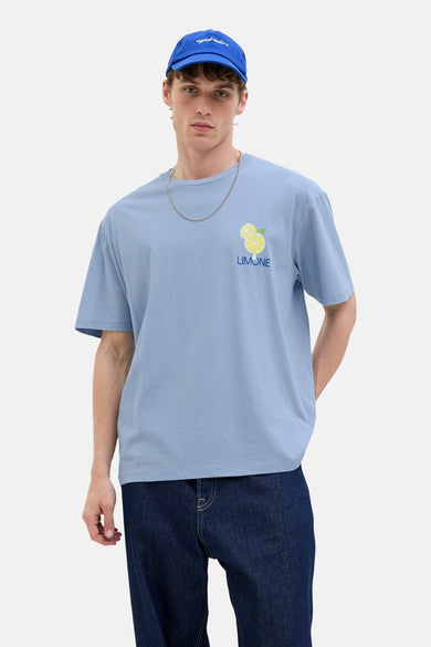 Blauw T-shirt met korte mouwen van Originals by Jack & Jones, met citroen print, gedragen met donkerblauwe jeans en een pet.