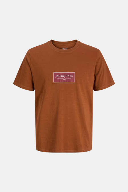 Bruin T-shirt met korte mouwen van ORIGINALS BY JACK & JONES, met een rechthoekige print op de borst.
