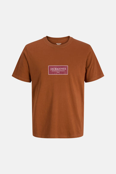 T-shirt brun à manches courtes d'ORIGINALS BY JACK & JONES, avec une impression rectangulaire sur la poitrine.