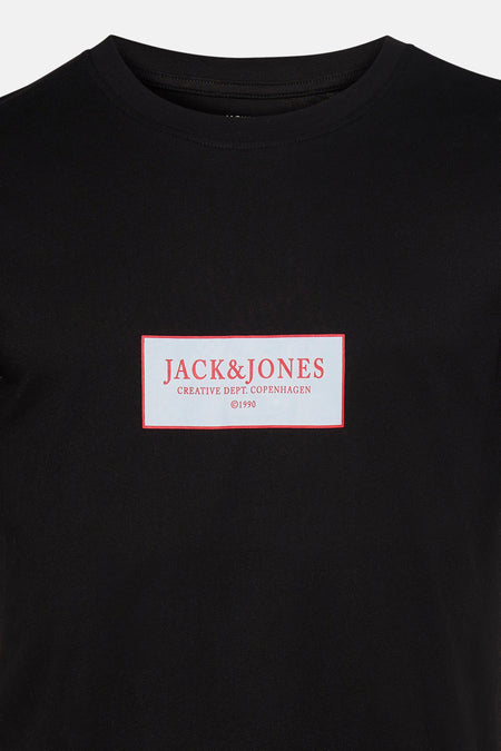Zwart T-shirt met korte mouwen van ORIGINALS BY JACK & JONES, met een rechthoekige logo opdruk middenvoor.