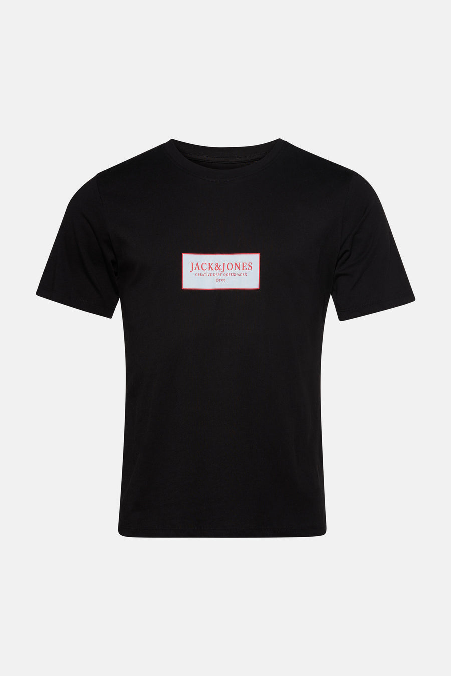 T-shirt noir à manches courtes de ORIGINALS BY JACK & JONES, avec un logo imprimé rectangulaire sur la poitrine.