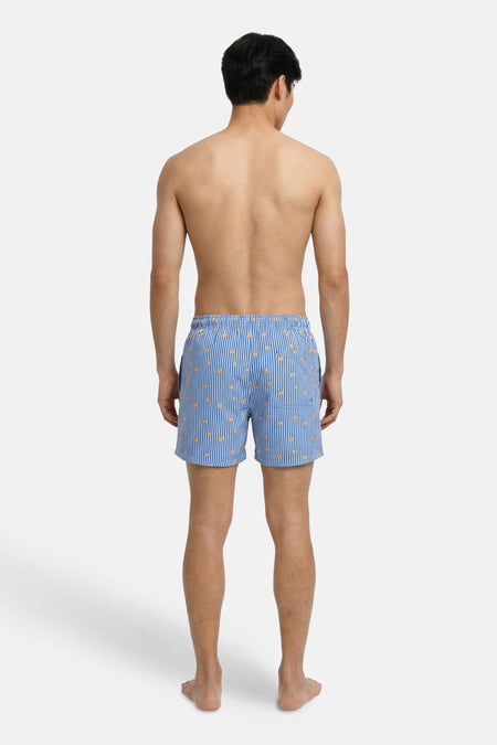 Blauwe zwemshort van JACK & JONES JEANS INTELLIGENCE met verticale witte strepen en oranje patroon, achterkant.