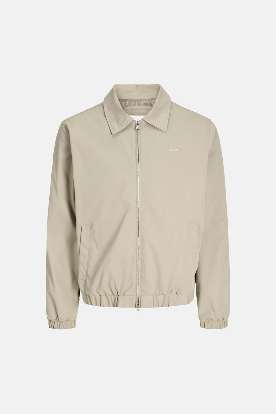 Manteau court beige d'ORIGINALS BY JACK & JONES, avec fermeture éclair et léger imprimé 'Originals'.