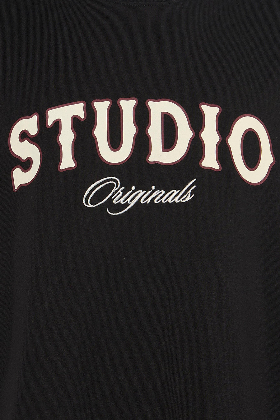 T-shirt noir à manches courtes de ORIGINALS BY JACK & JONES, avec un imprimé texte accrocheur sur la poitrine.