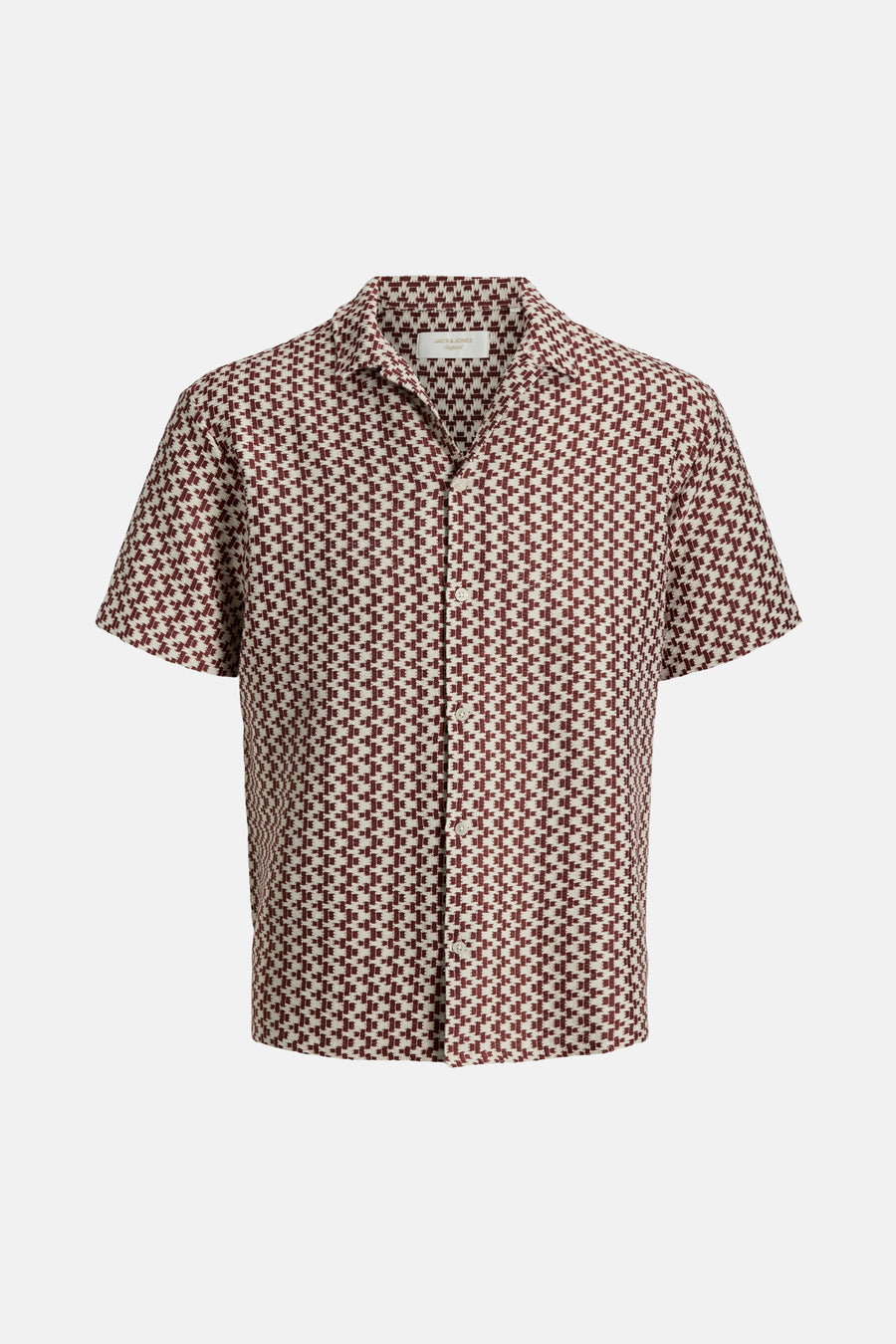 Chemise rouge à manches courtes de Jack & Jones, avec un motif à carreaux tissé en marron et beige.