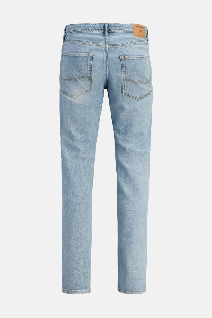 Rechte jeans van blauw denim van JACK & JONES JEANS INTELLIGENCE, met achterzakken en een bruin leren merklabel.