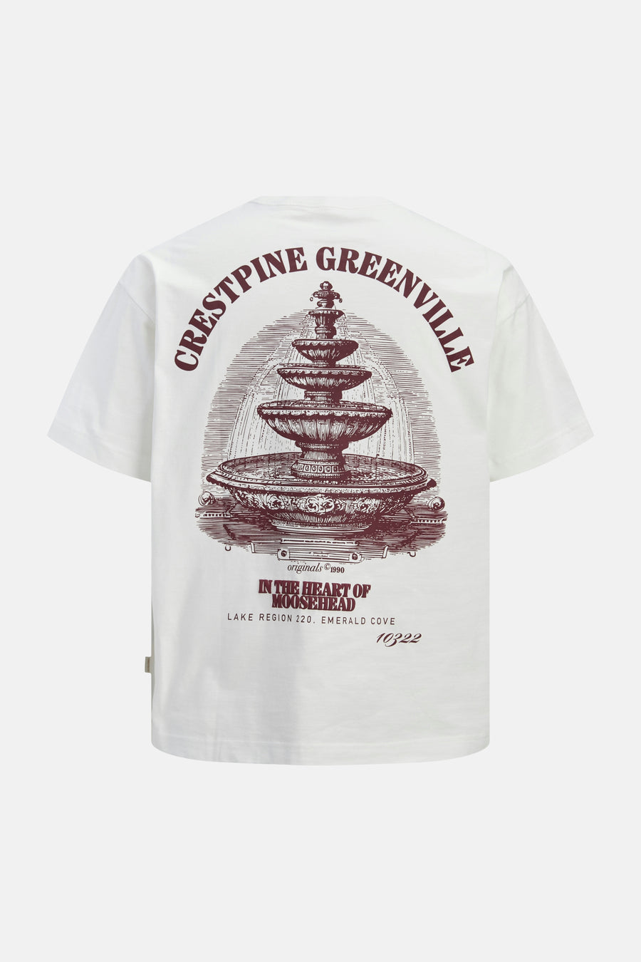 Wit T-shirt van ORIGINALS BY JACK & JONES, met een vintage fonteinprint op de rug en tekstuele details.
