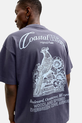 T-shirt bleu de ORIGINALS BY JACK & JONES avec imprimé d'oiseau et de fleurs dans le dos.