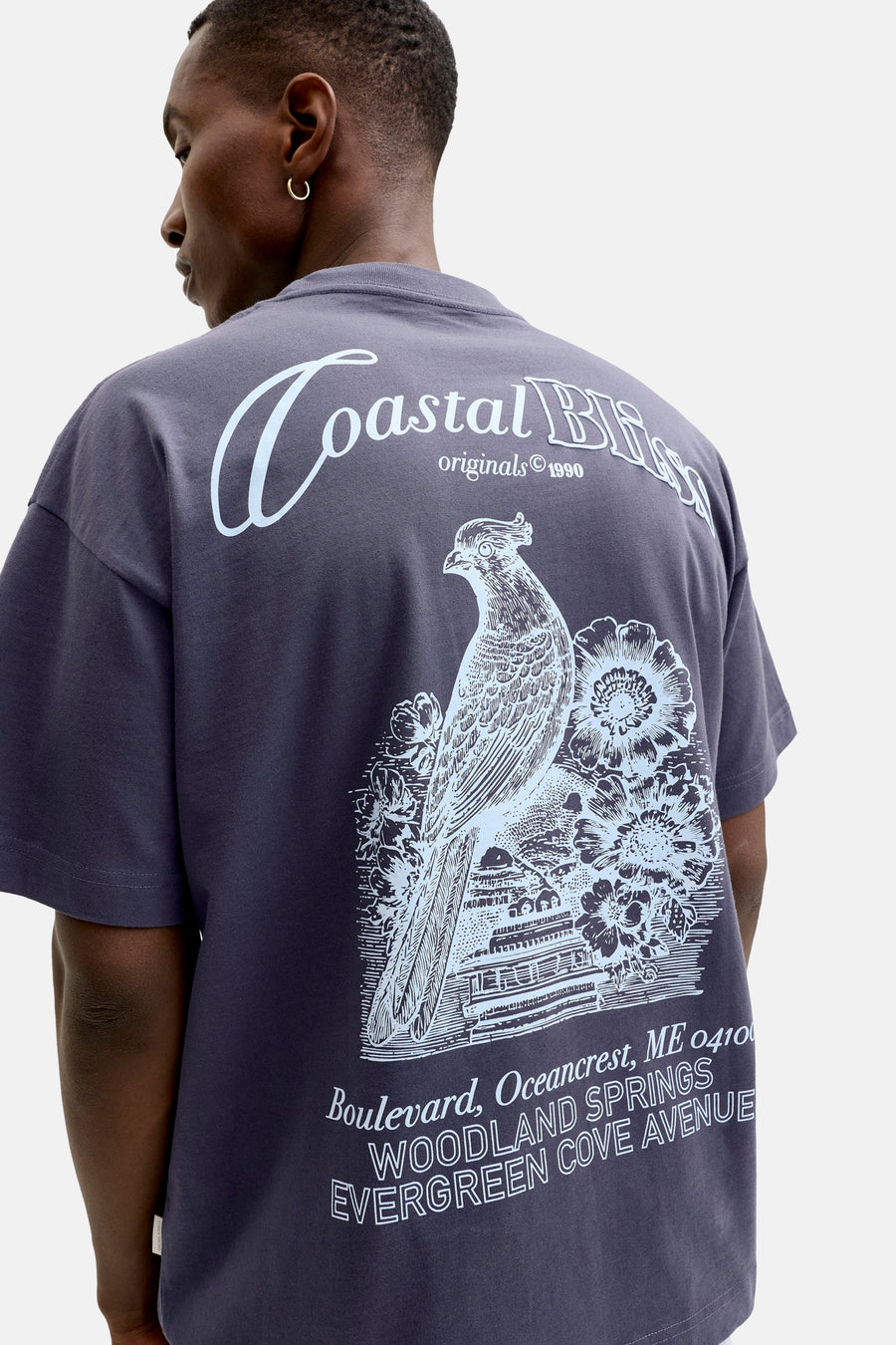T-shirt bleu de ORIGINALS BY JACK & JONES avec imprimé d'oiseau et de fleurs dans le dos.