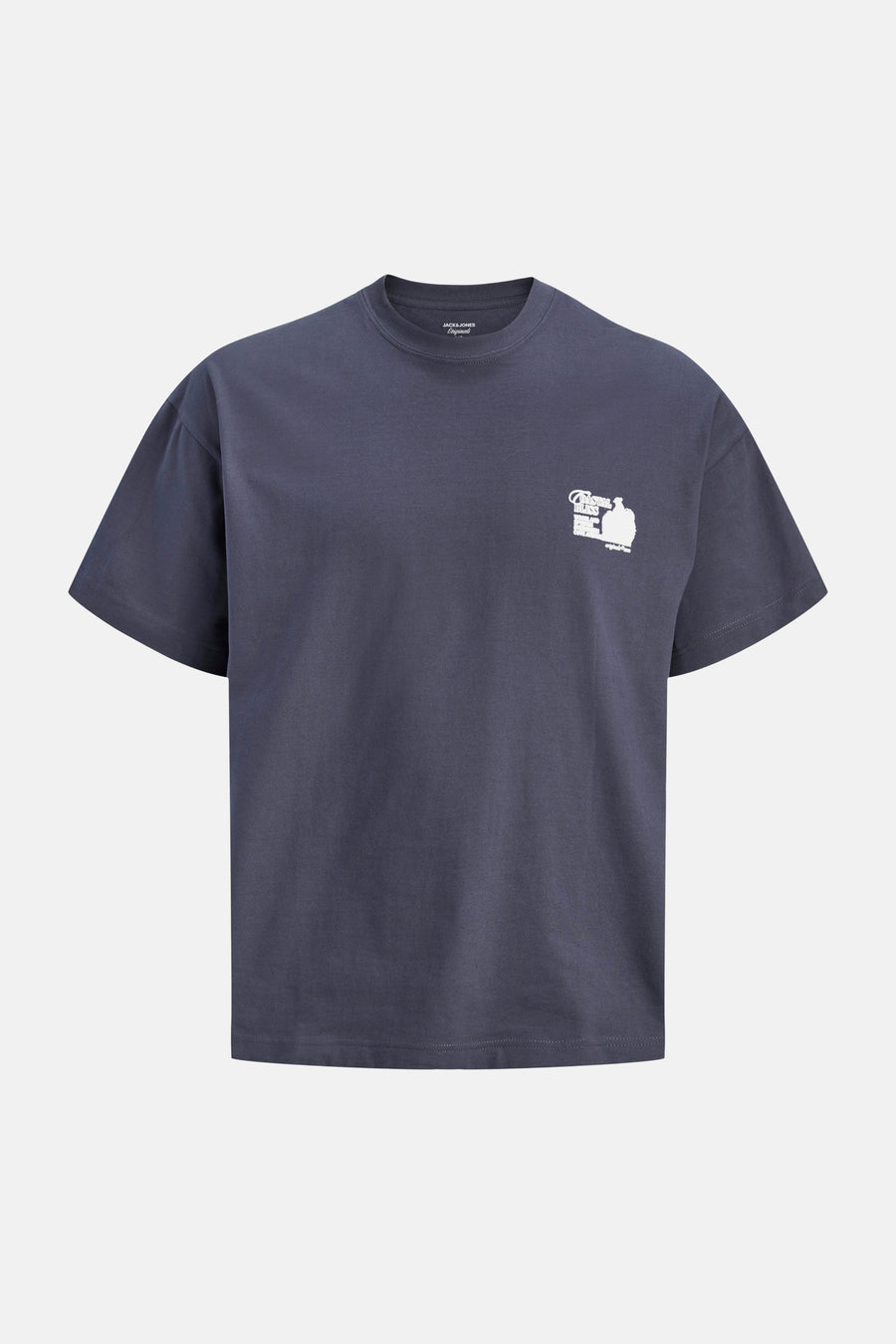 T-shirt bleu de ORIGINALS BY JACK & JONES, avec imprimé graphique blanc sur la poitrine.