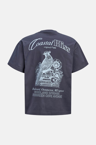 T-shirt bleu de ORIGINALS BY JACK & JONES avec un imprimé d'oiseau et une adresse au dos.
