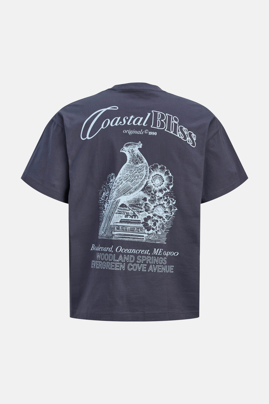 T-shirt bleu de ORIGINALS BY JACK & JONES avec un imprimé d'oiseau et une adresse au dos.