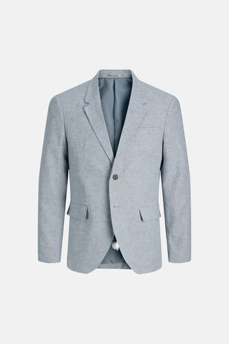 Lichtblauwe blazer van PREMIUM by JACK & JONES, met fijn geweven gemêleerde stof, inkeping revers, enkele knoopsluiting en klepzakken.