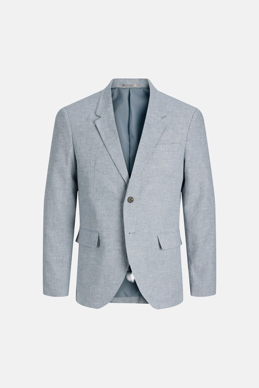 Lichtblauwe blazer van PREMIUM by JACK & JONES, met fijn geweven gemêleerde stof, inkeping revers, enkele knoopsluiting en klepzakken.