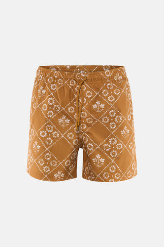 Gele zwemshort van PREMIUM by JACK & JONES met wit bloemen- en geometrisch ruitpatroon en trekkoord.