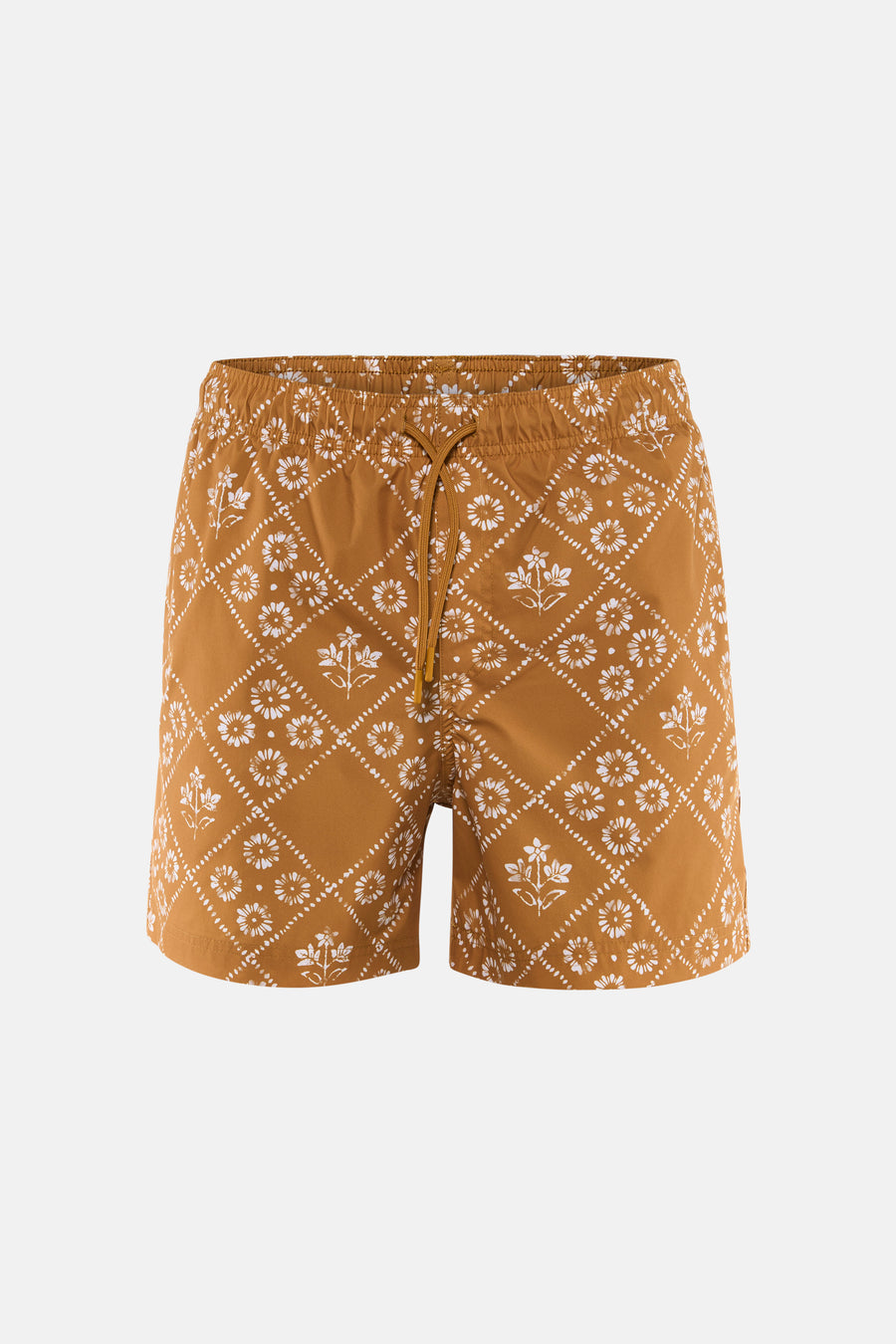 Gele zwemshort van PREMIUM by JACK & JONES met wit bloemen- en geometrisch ruitpatroon en trekkoord.