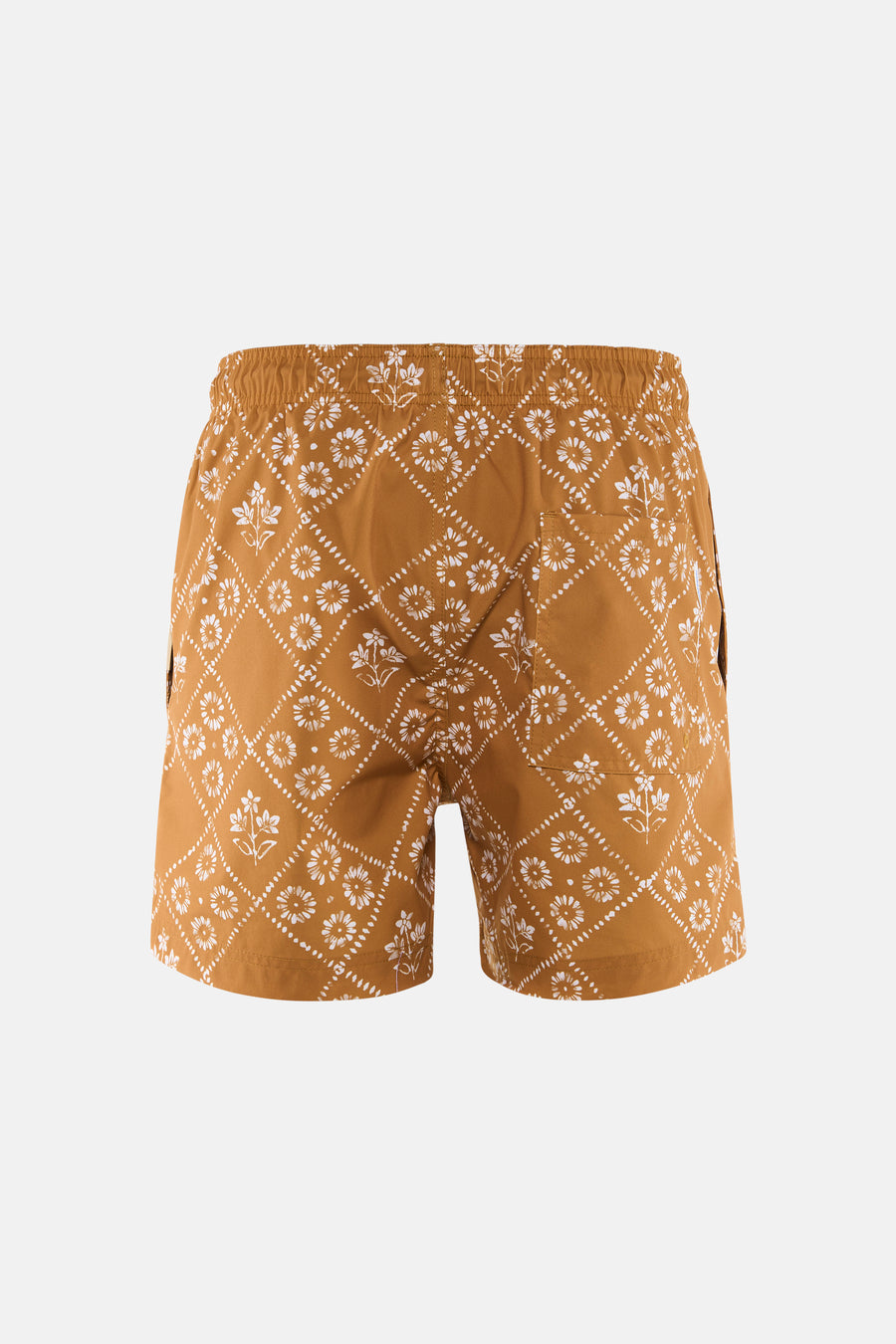 Gele zwemshort van PREMIUM by JACK & JONES met wit bloemen- en stippenpatroon, achterkant.