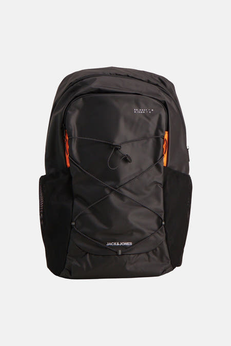 Sac à dos noir de ACCESSORIES BY JACK & JONES avec des accents orange et des cordons élastiques croisés.