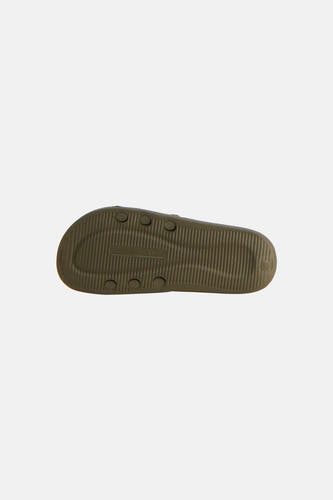 Kaki slippers van ACCESSORIES BY JACK & JONES, onderzool met ribbeltextuur en grijze rubberen zool, bovenaanzicht