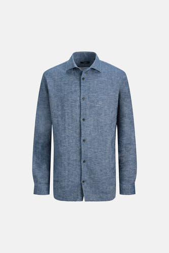 Blauw hemd met lange mouwen van PREMIUM by JACK & JONES, met een subtiele visgraatstructuur en donkere knopen.