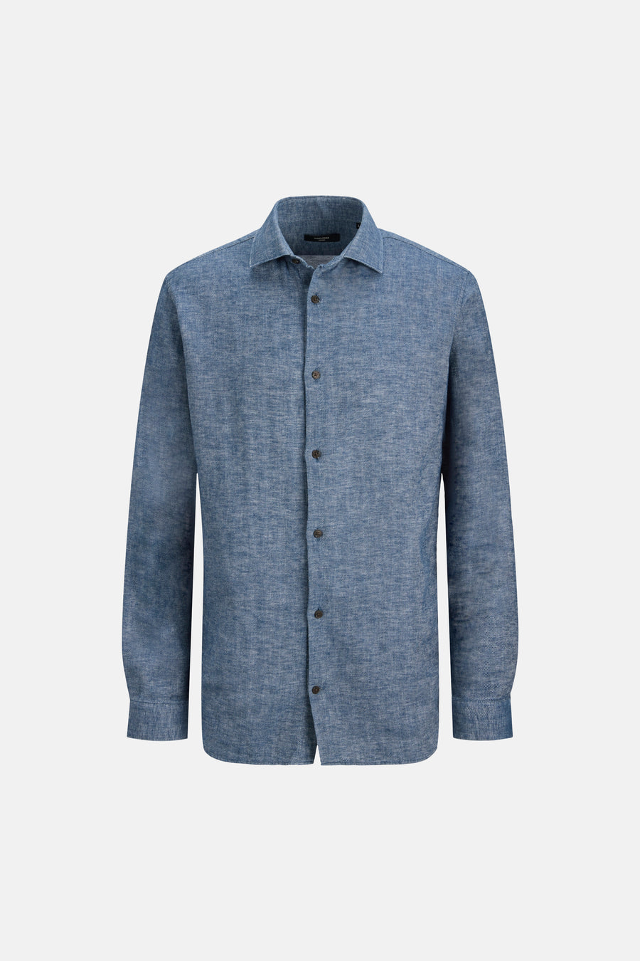Blauw hemd met lange mouwen van PREMIUM by JACK & JONES, met een subtiele visgraatstructuur en donkere knopen.