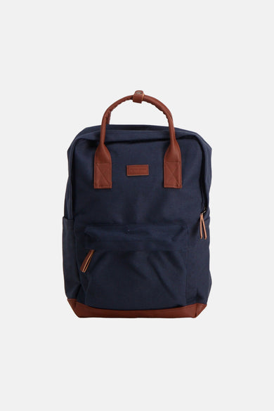 Blauwe rugzak van ACCESSORIES BY JACK & JONES met bruine lederen accenten en een voorvak.
